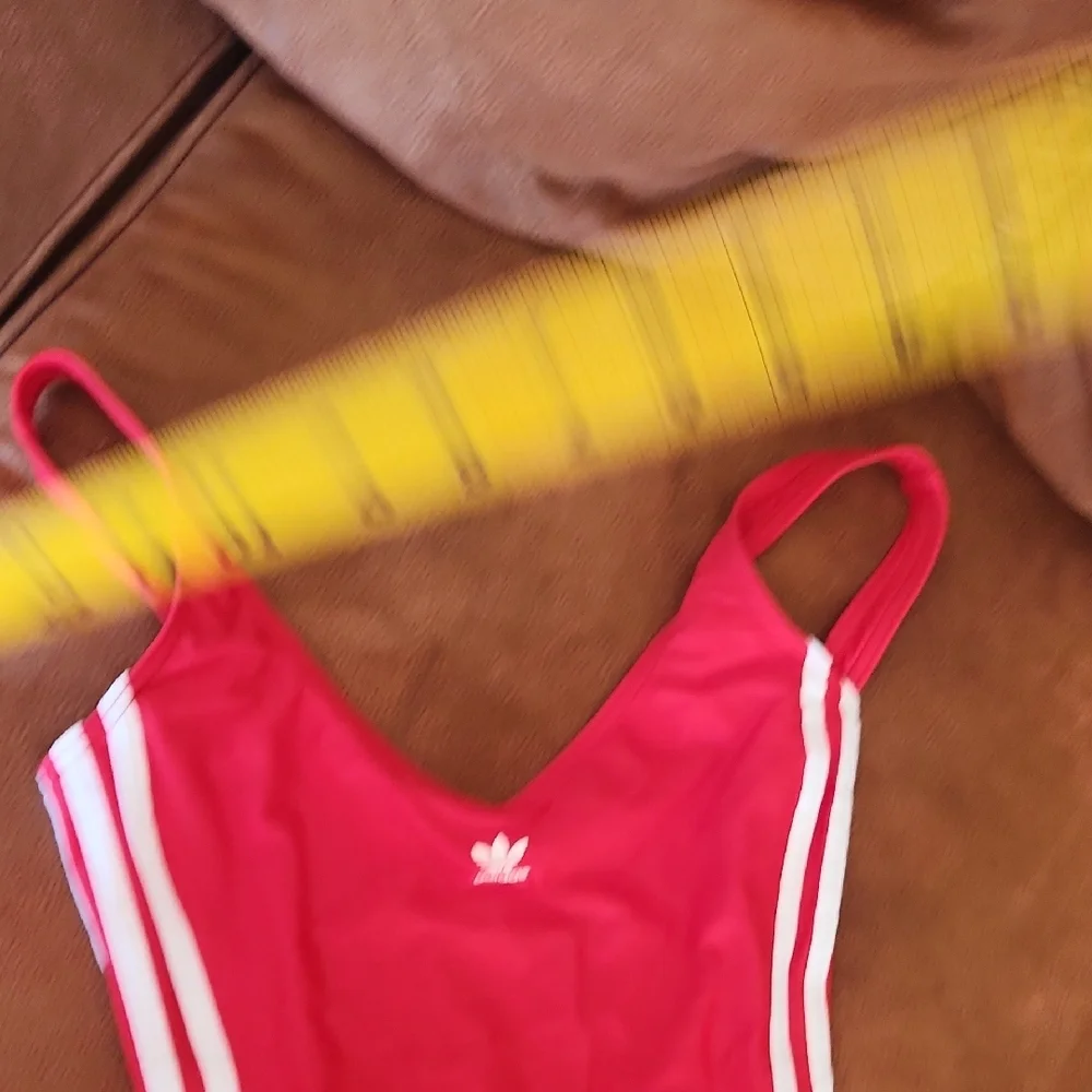 Adidas Red One-Piece Swimsuit with White Side Stripes - Picture 12 of 14